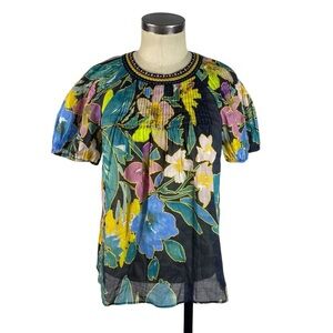 NEW Daniel Rainn Embroidered Floral Top Blouse Small Black Multi Linen Blend NWT